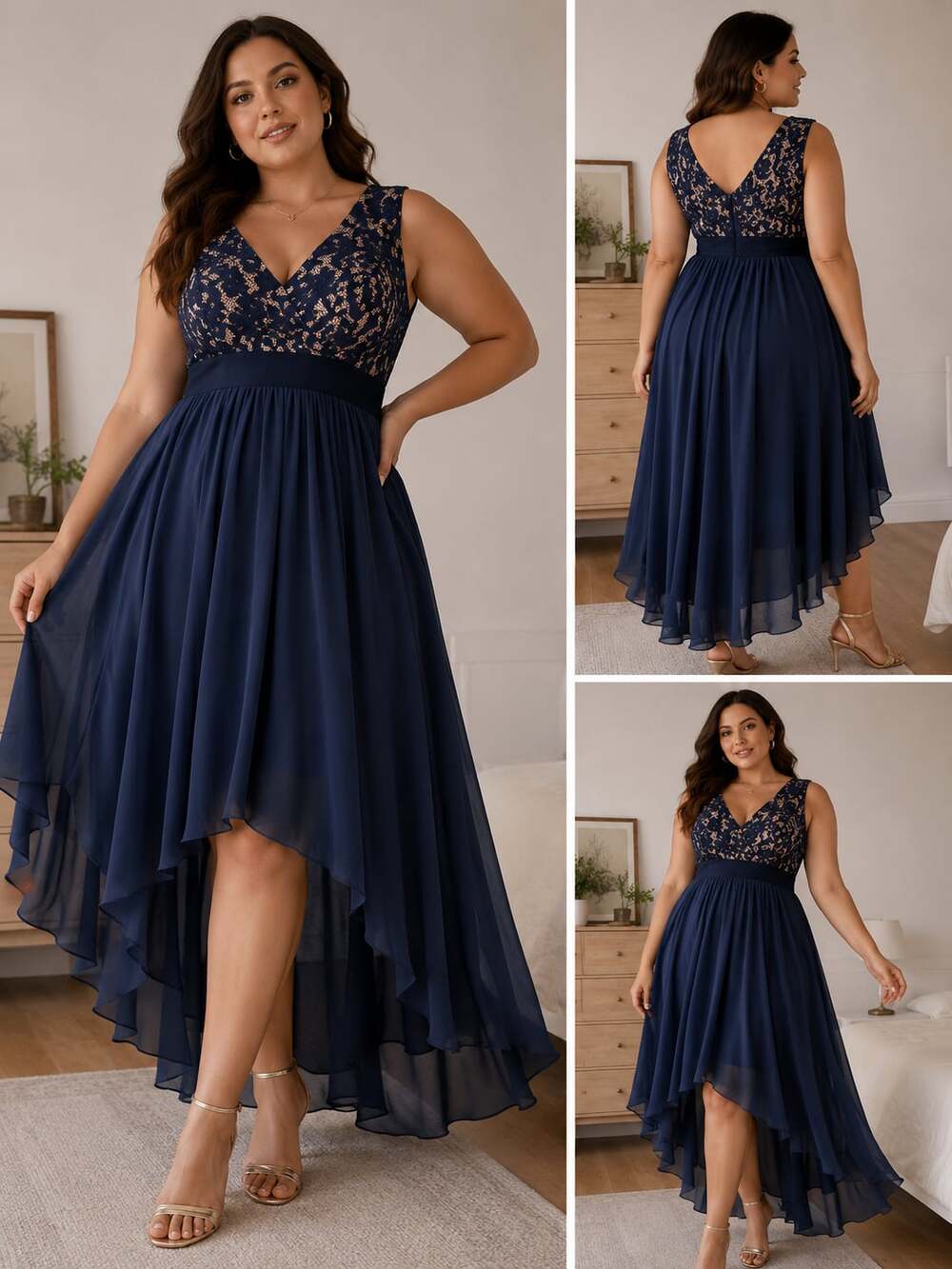 Eliza J Navy Blue Lace Bodice High-Low Chiffon Dress Size 10
B105JC